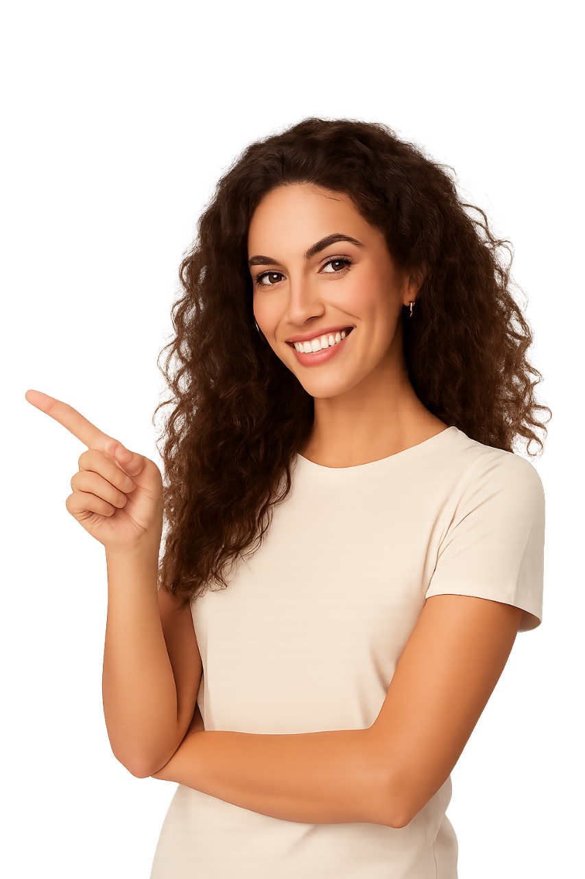 mulher apontando para diagonal superior esquerda